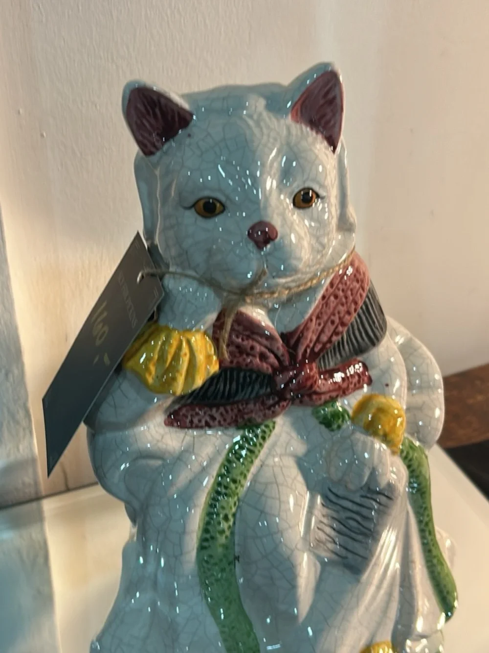Beautiful Cat figurine in White with Green and Yellow Accents